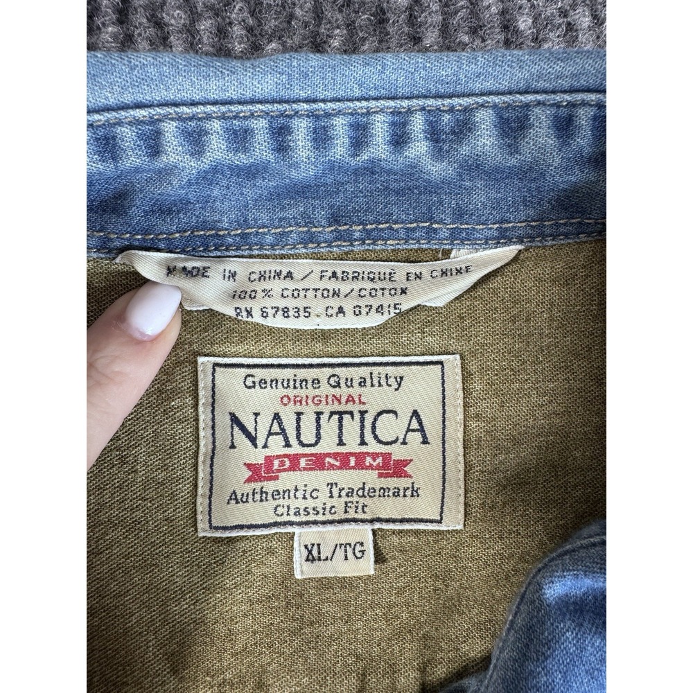 Nautica Denim Classic Fit Olive Blue Long Sleeve Button-Up Shirt XL Pocket - Picture 3 of 9